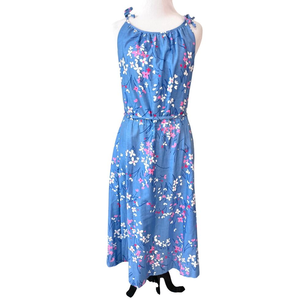 Vintage 70s Malia Honolulu Hawaiian Midi Dress 10 Blue Pink Floral Tie Shoulder